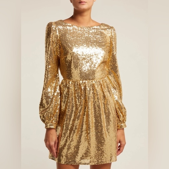 NWT Saloni Camille Gold Sequin Long Sleeve Open Back Tulle Mini Dress, UK 6 US 2 - Picture 2 of 10